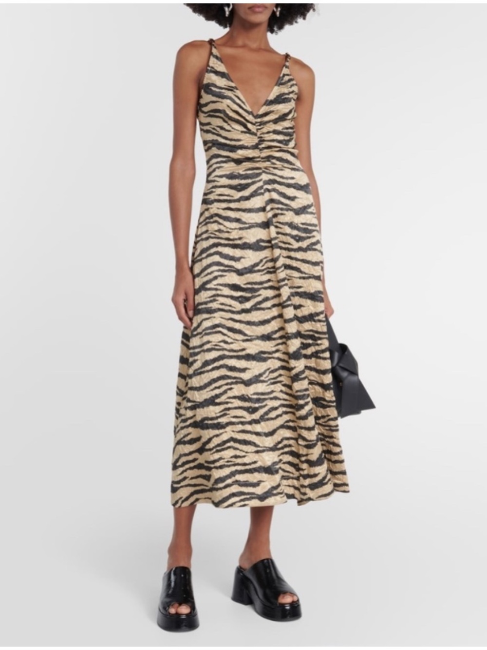 GANNI Printed crinkled satin slip midi dress
